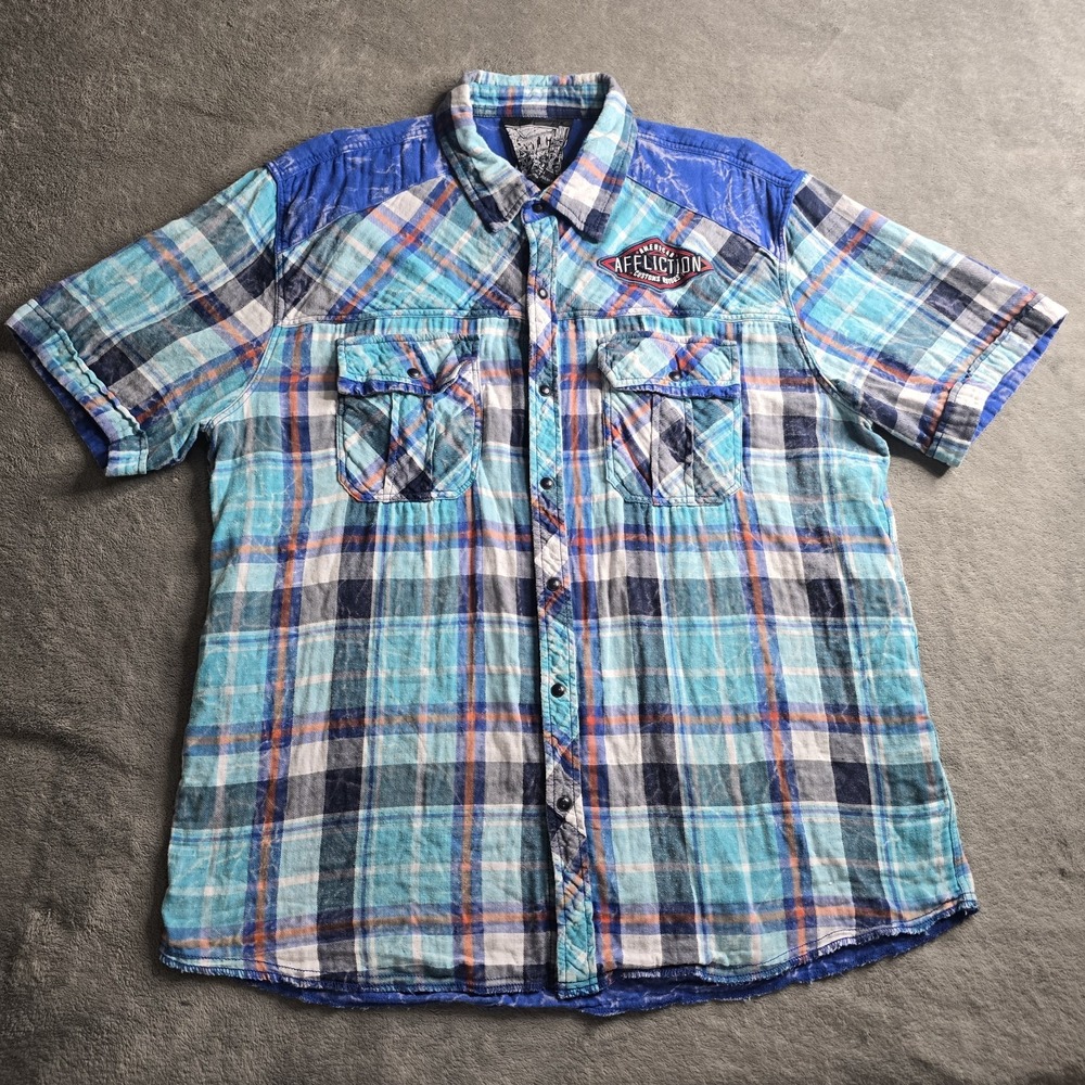 Affliction Button Up Shirt Mens 2X Blue Plaid Reversible Short Sleeve Snap